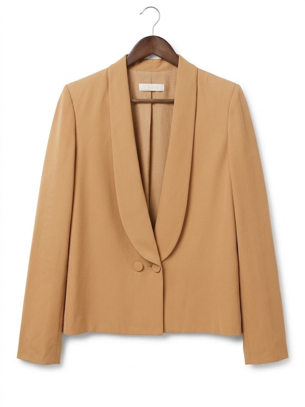Chloe Paris Camel Tan Shawl Collar Blazer Jacket Quiet Luxury Minimalist Sz 36